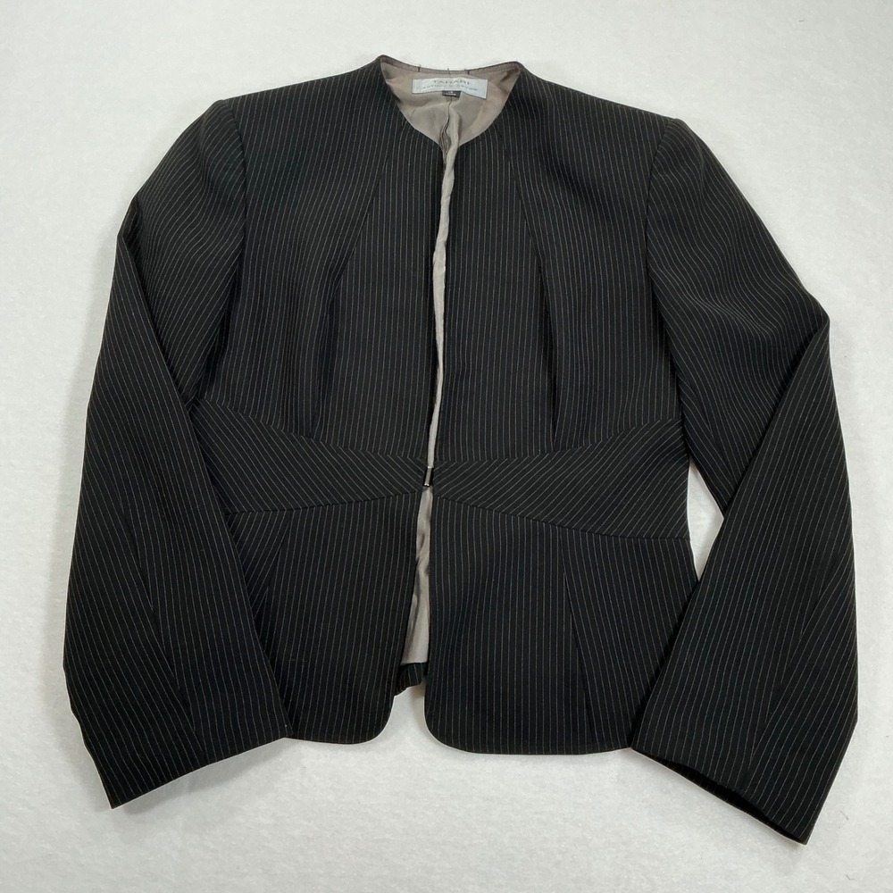 Tahari Arthur S Levine Womens 10 Pinstripe Collarless Blazer Jacket Black White
